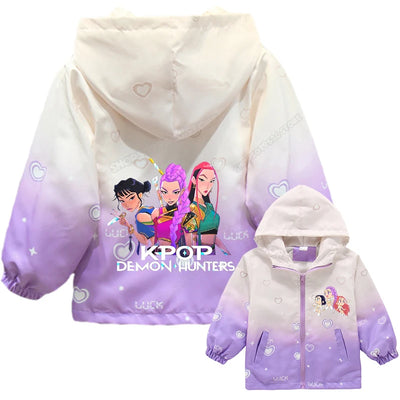 KPop Demon Hunters Girls Hood Jacket Kids Windbreak Coat Outdoor Casual Waterproof Jackets Zip Up Coat Movie Anime Outerwear
