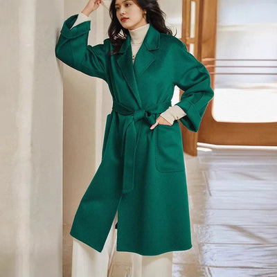 Long Double-Sided Cashmere Coat Women's Caramel Color Woolen Tweed Jacket Water-Wave Pattern Loose Fit Chinese Origin