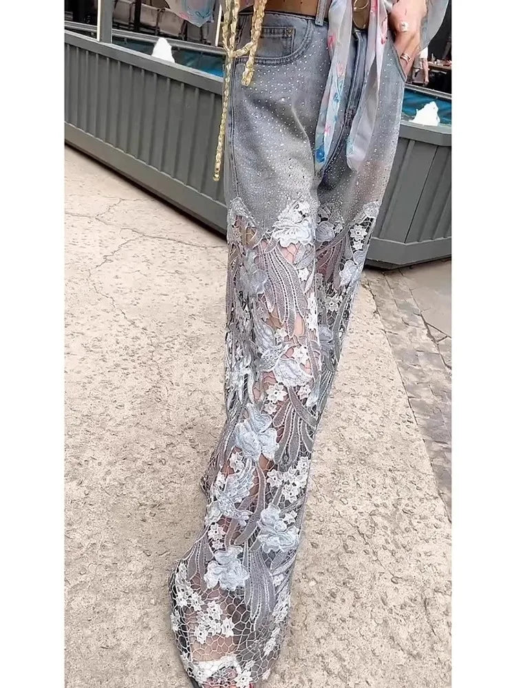 Large Size Women's Summer 2025 New High Waist Versatile Loose Fashion Wide-leg Pants Personalized Hollow Light Blue Ripped Jeans