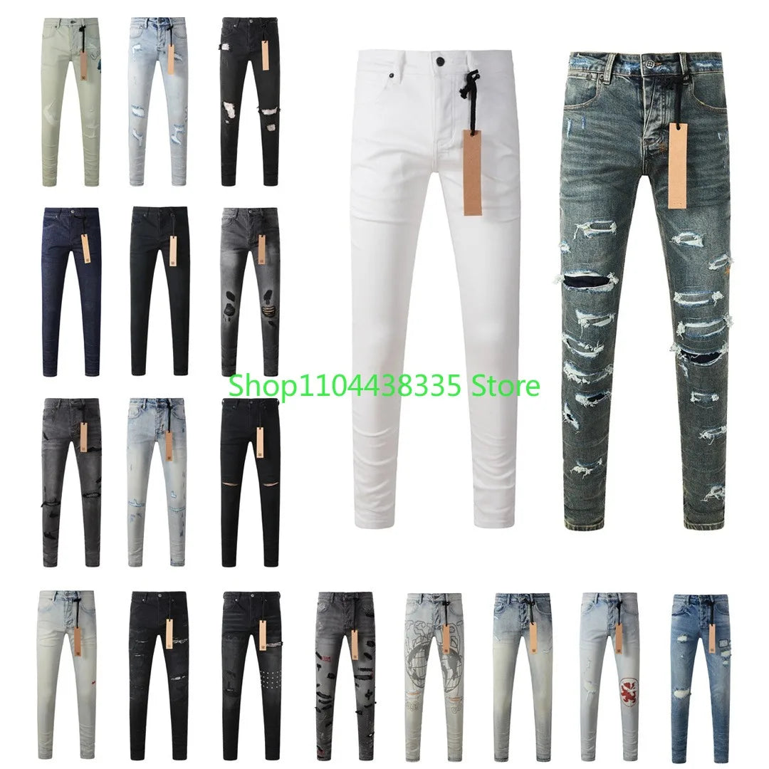 25fw High Street Men's Jeans Paint Hole Trend Low Rise Skinny Denim Pants Pleated Ripped Solid Trousers