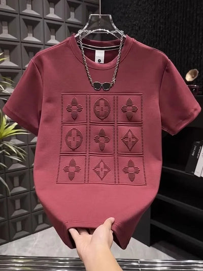 2025 summer new men's versatile heavy industry letter steel print short sleeve t-shirt fashion casual crew neck pullover top