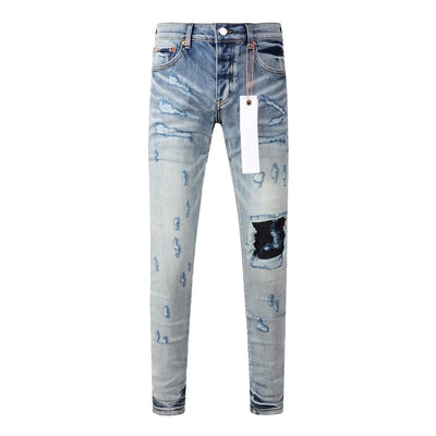 Americans High Street Trendy Men's Jeans Low Rise Stretch PantsSkinny Button Fly Ripped Retro Hold Trousers