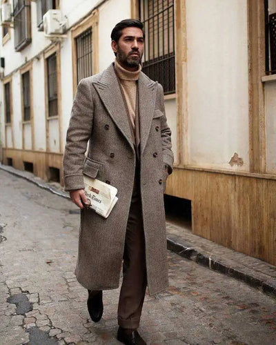 Brown Men Tweed Overcoat Blazer Peaked Lapel Double Breasted Tuxedos Coats