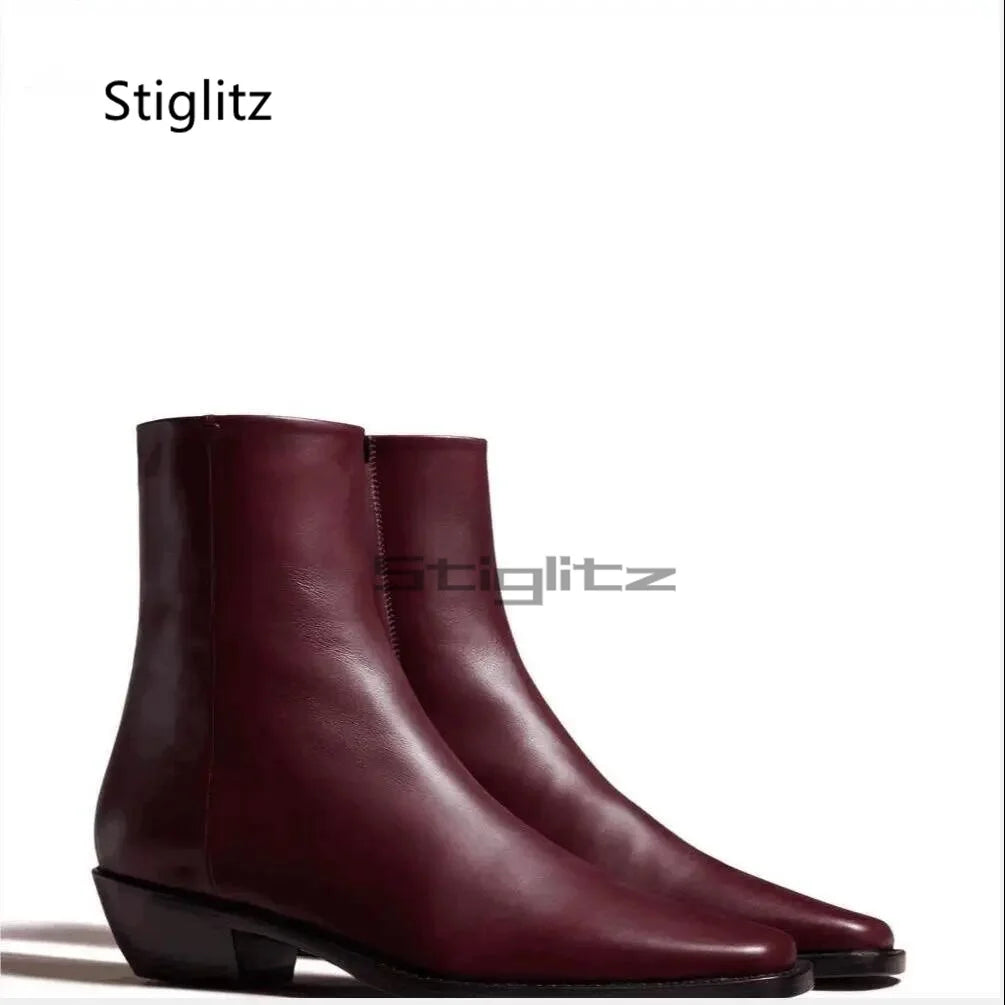 Men's Genuine Leather Ankle Boots Wine Red Black Side Zip Solid Handmade Chelsea Boots Wear Resistant Business Casual Shoes