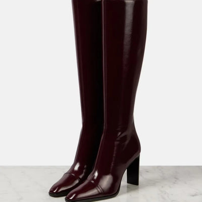 Women's Leather Pointed Toe Knee - High Boots With Block Heel Elegant Trendy Footwear For Party Office And Daily Wear