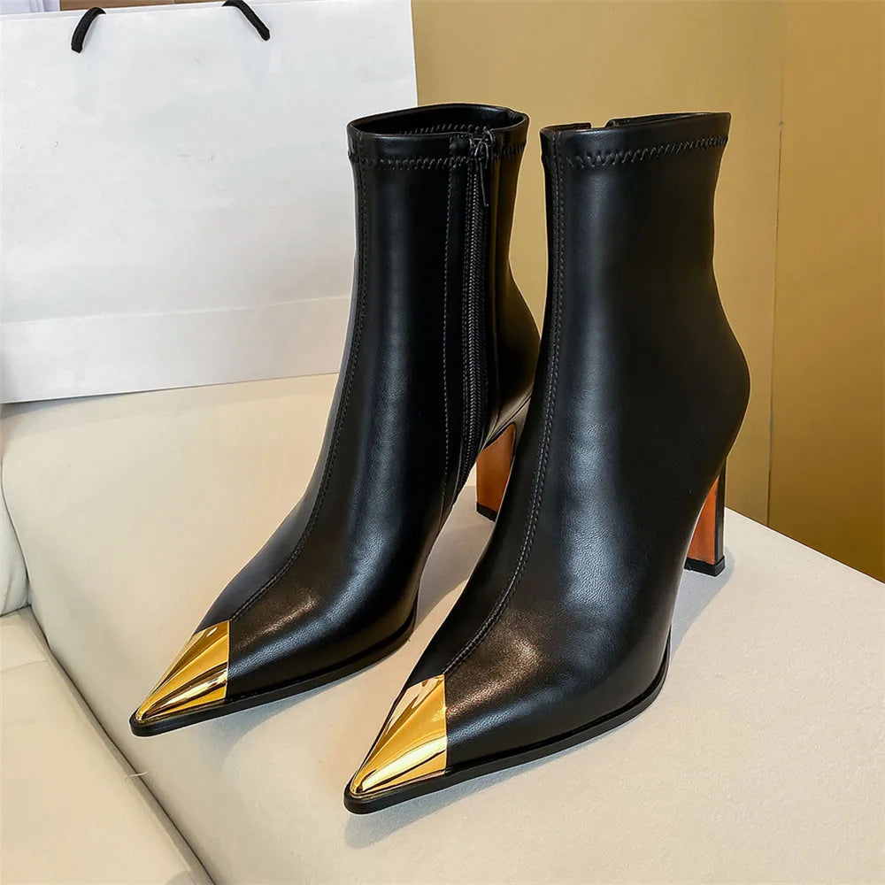 MILI-MIYA Fashion Metal Cover Pointed Toe Women Microfiber Ankle Boots Thick Heels Zippers Solid Color Casuals Street Shoes Hand