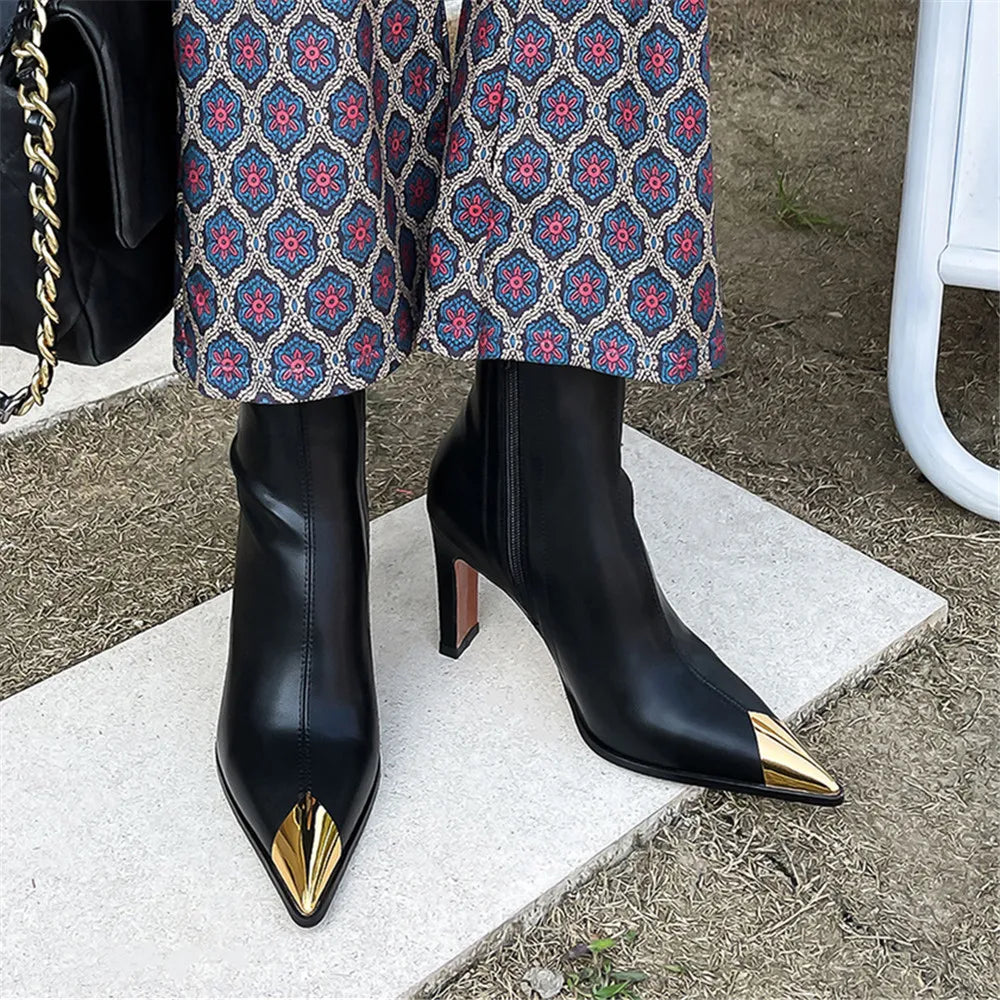 MILI-MIYA Fashion Metal Cover Pointed Toe Women Microfiber Ankle Boots Thick Heels Zippers Solid Color Casuals Street Shoes Hand