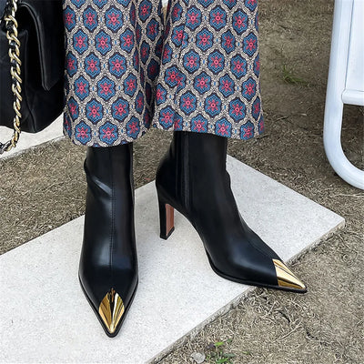 MILI-MIYA Fashion Metal Cover Pointed Toe Women Microfiber Ankle Boots Thick Heels Zippers Solid Color Casuals Street Shoes Hand