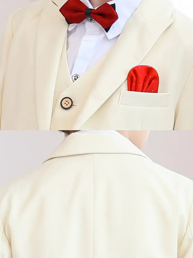 Boys Formal White 5Pieces/Set Jacket Vest Pants Bowtie+Pocket Cloth Wedding Birthday Party Dress Kids Host Performance Costume