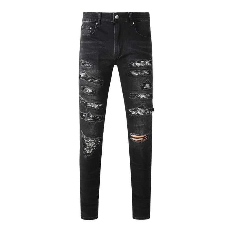 Americans New Trendy Streetwear Men's Jeans Low Rise Skinny Denim Pants Pleated Ripped Trousers