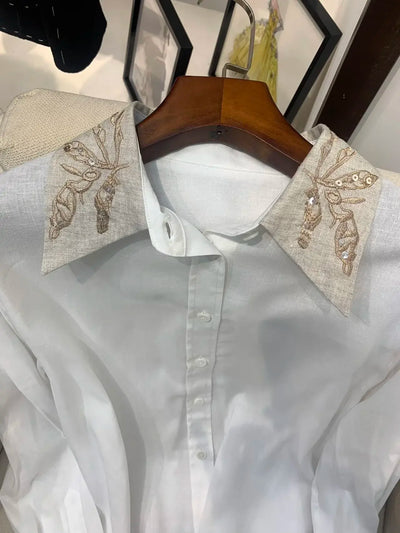Women White Linen Blends Shirt Sequin Embroidery Turn-Down Collar Long-Sleeved Lady Loose Blouse