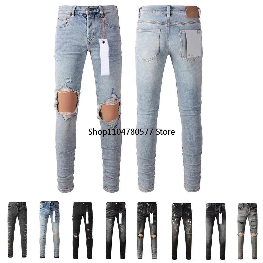 Fashion American Streetwear Distressed Vintage Men's Jeans Low Rise Stretch Skinny Button Fly Ripped Hold Pants
