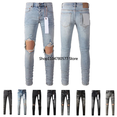 Fashion American Streetwear Distressed Vintage Men's Jeans Low Rise Stretch Skinny Button Fly Ripped Hold Pants