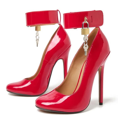 Modern Gold Lock Ankle Strap Women Pumps Red Black Patent Leather Round toe Thin Heels Evening Party Shoes Drop Shipping