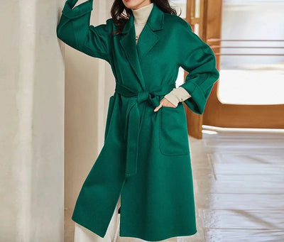 Long Double-Sided Cashmere Coat Women's Caramel Color Woolen Tweed Jacket Water-Wave Pattern Loose Fit Chinese Origin