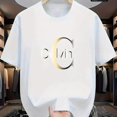 Men's summer 100% pure cotton fashionable casual sports loose Calvin letter pattern print round neck short sleeved T-shirt top