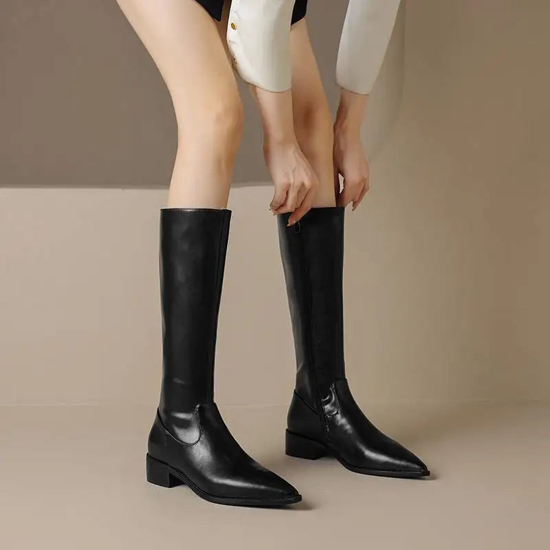 Krazing Pot Cow Skin Ins Pointed Toe Thick Heels Riding Boots British School Slip On French Romantic Model Wear Thigh High Boots