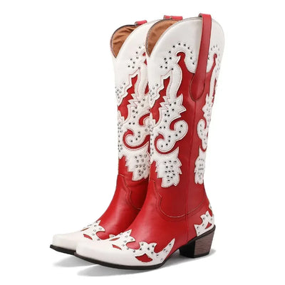 Western Cowboy Knee High Boots Women Blue Red Mixed Color Floral Fretwork Rivet Winter Pointed Toe High Heels Cowgirl Long Boots