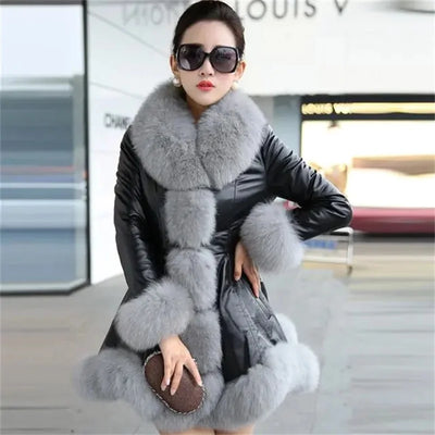 Size 6XL Women's Clothing Autumn Winter Imitation Fox Fur Big Fur Collar Thick Warm Female's Leather Jacket Slim Fur Coat