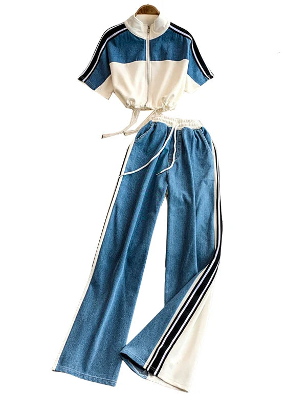 Hong Kong Sle Retro Set Women's Stand Collar ort Sve T-irt Denim Patchwork Loose Elastic Waist Straight Leg Pants