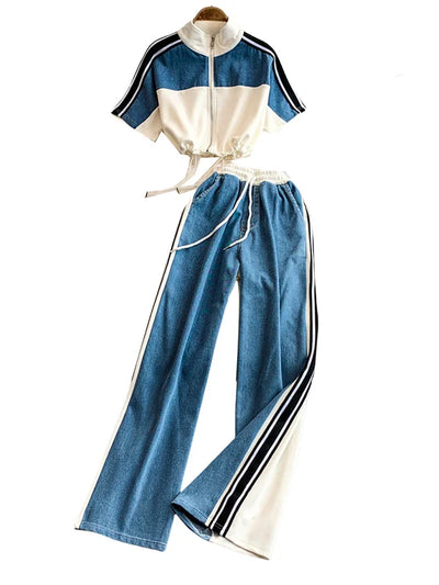 Hong Kong Sle Retro Set Women's Stand Collar ort Sve T-irt Denim Patchwork Loose Elastic Waist Straight Leg Pants