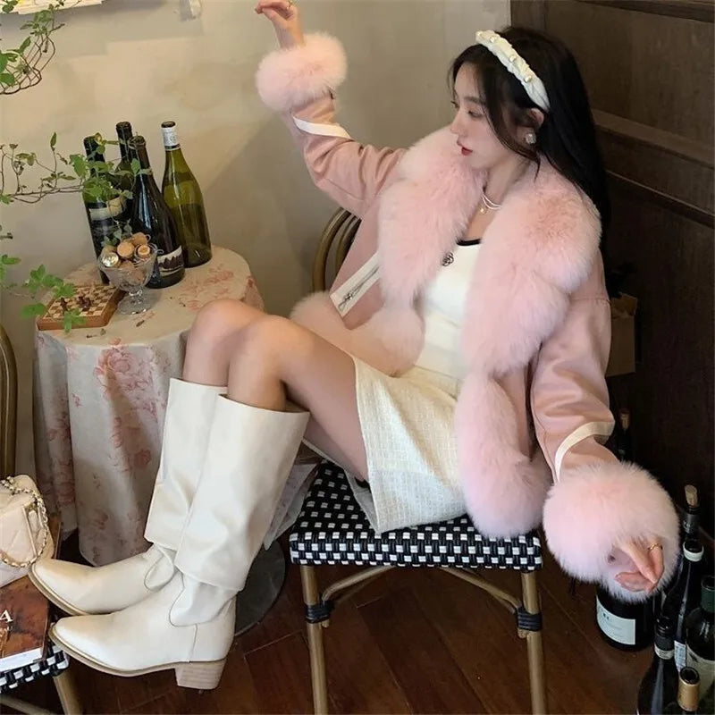 2025 new imitation fox fur coat women autumn winter fashion short Add cotton thick Warm suede overcoat Female slim Outwear T792