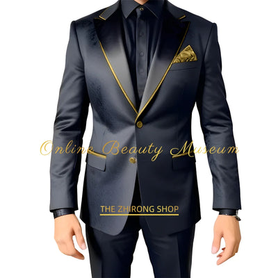 Men Suits 2 Piece Black Luxury Texture With Satin Gold Accent Jacket Pants Set Wedding Party Attire Bespoke Tuxedo For Men