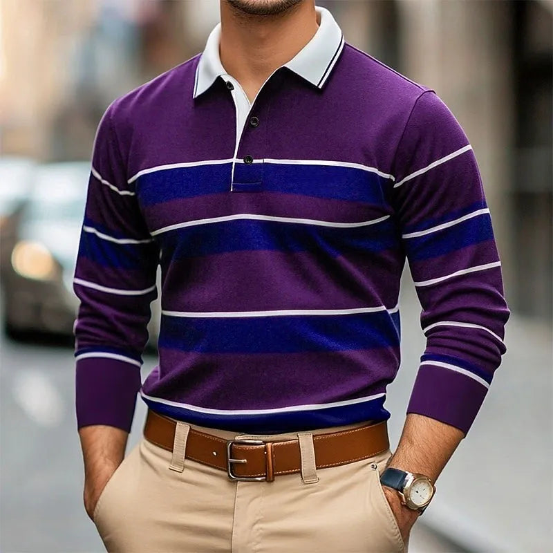 Men's Striped Rugby Long Sleeve Polo Collar Business Casual Outdoor Street Dailywear 3D Print Spring Fall Shirts Men's Clothing