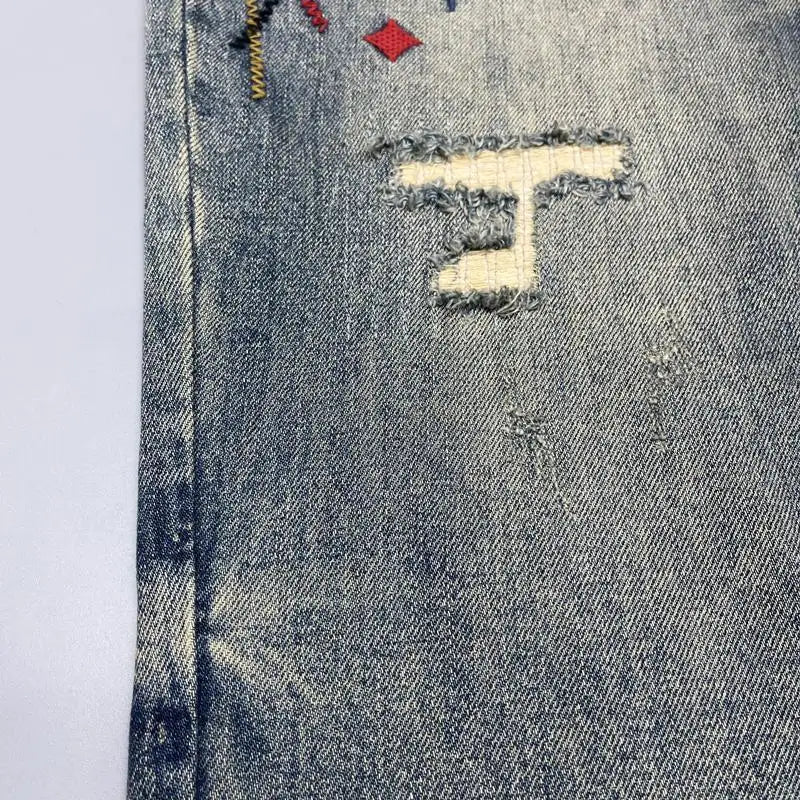 Old Tattered Patched Embroidered Jeans Men's Small Straight Leg Pants American High Street Men's Pants Trendy