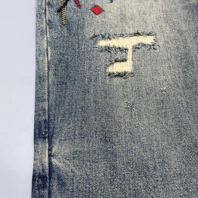 Old Tattered Patched Embroidered Jeans Men's Small Straight Leg Pants American High Street Men's Pants Trendy