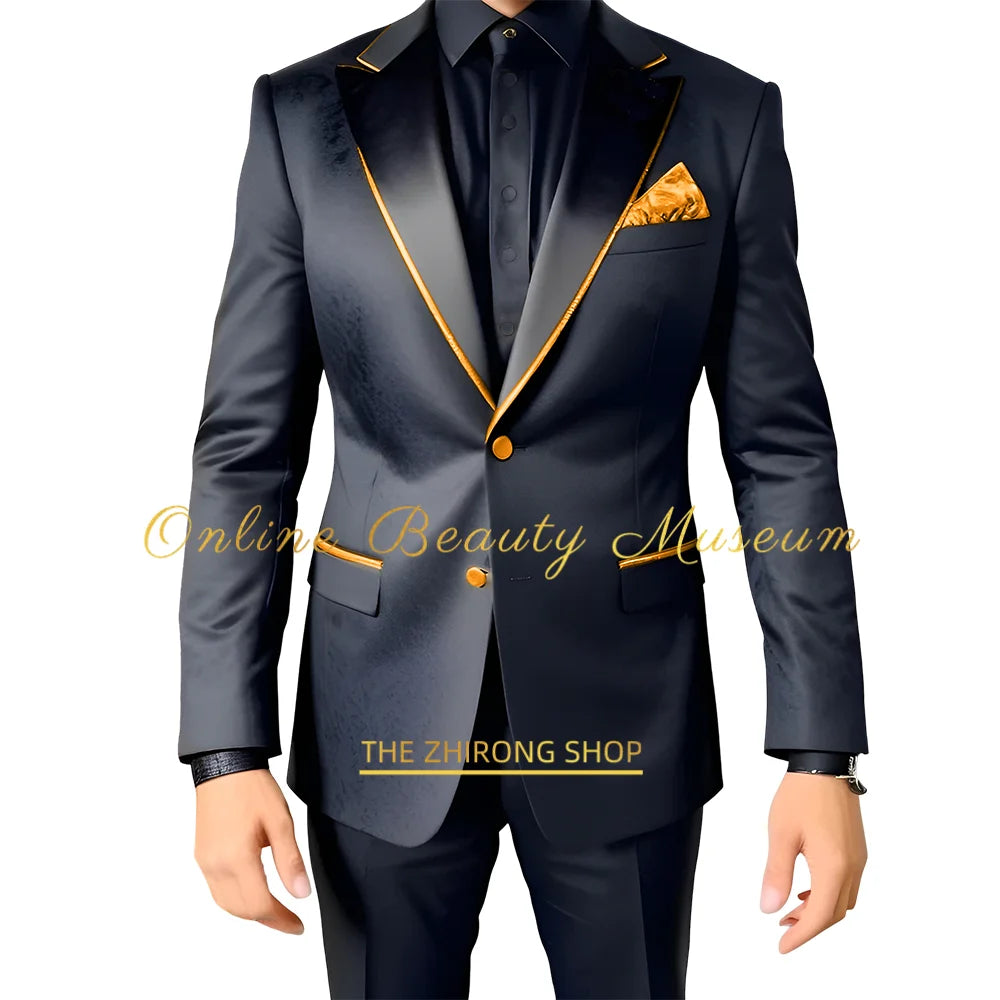 Men Suits 2 Piece Black Luxury Texture With Satin Gold Accent Jacket Pants Set Wedding Party Attire Bespoke Tuxedo For Men