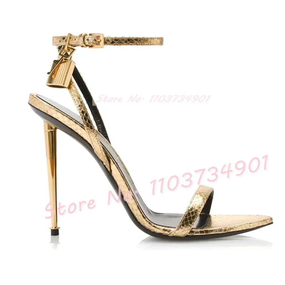 Metal Heel Lock Metallic Leather Sandals Female Luxury Open Toe Stiletto High Heels Shoes Lady Elegant Party Ankle Strap Sandals
