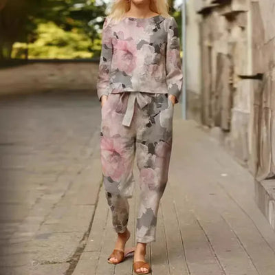 Spring Summer New Vintage Print Long Sleeve round Neck T-Shirt Set Wide Leg Pants Ethnic Style Fashionable Women's Outfit