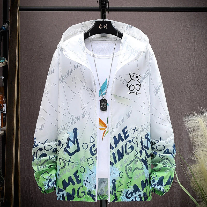 2025 Summer Skin Jacket Men Ultra Light UV Sun Protection Big Size Hooded Windbreaker Coats Men printing Casual Outwear