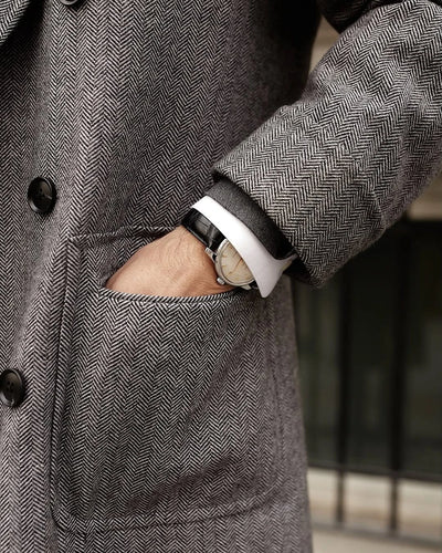 Chevron Fabric Winter Long OverCoat Lapel Double Breasted Winter Lapel Houndstooth Business Formal Men‘s Coat Blazer Customized