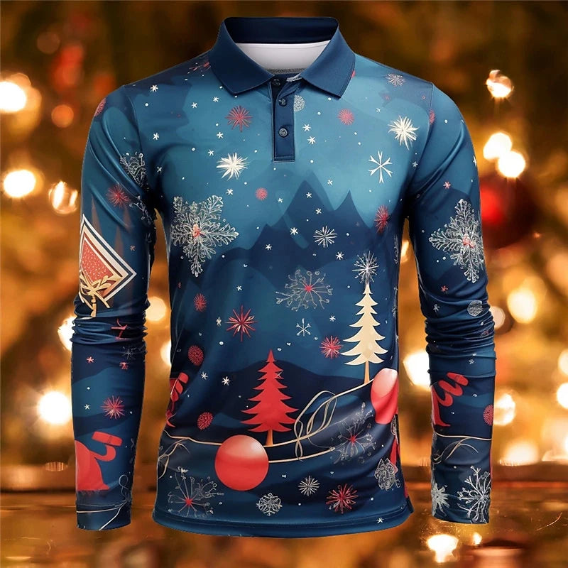 New Men's Christmas Printed Polos Autumn Long Sleeve Button Casual Shirt Festive Holiday Wear Classic Polo Neck Design Polos