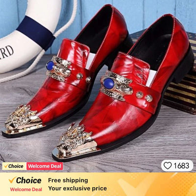 Men's Shoes Italian Style Pointed Metal Toe Leather Dress Shoes Men Slip on Oxfords Shoes for Men's Party and Wedding