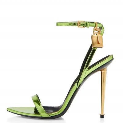 Women Padlock Sandals Gold Green Metallic Leather Runway Dress Shoes Ankle Strap Stiletto High Heels Celebrating Shoes