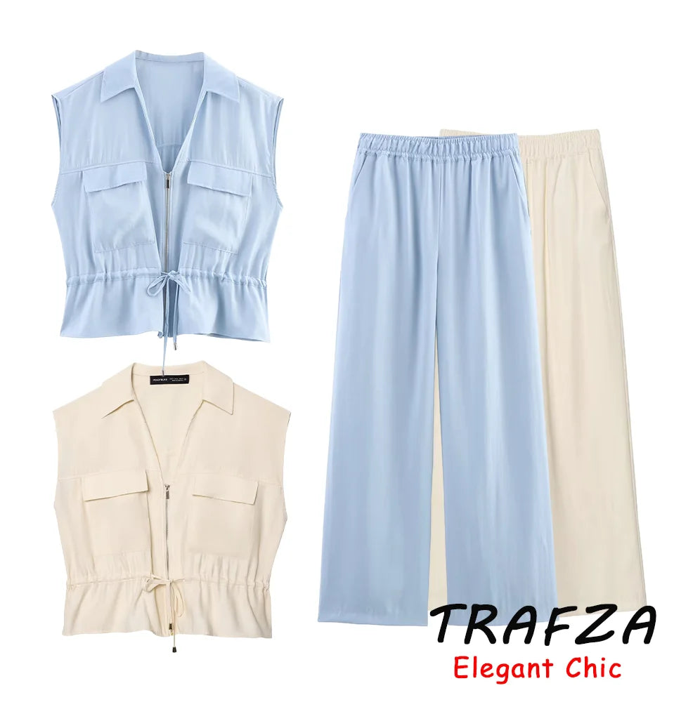 TRAFZA Women Casual Chic Blue Pant Set Zipper V-neck Beige Vest Elastic Waist Pant 2025 Spring Fall Fashion Elegant Vest Set