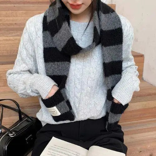 Girl's Striped Long Scarves Y2K Striped Scarf Harajuku Gothic Neck Warm Winter Warm Scarf Thickened Black White Shawl Wrap Women