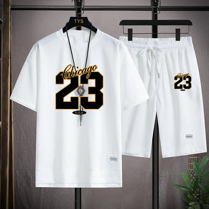 High Quality Men's Korea Comfortable and Summer  Fashion Print Sports Suit Fitness Jogging Daily Casual Wear Beach Shorts Set