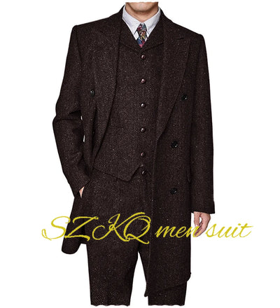 Men's Suit Retro 3 Piece Herringbone Long Jacket Double Breasted Blazer