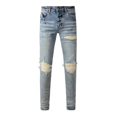 Fashion Top Quality Streetwear Distressed Men's Jeans  Vintage Low Rise Stretch Skinny Button Fly Ripped Hold Pants