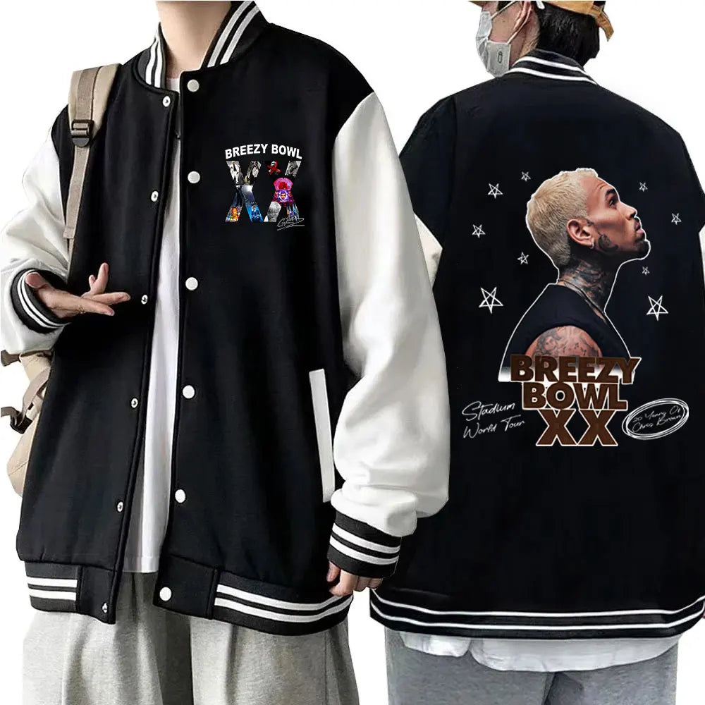 Rapper Chris Brown Breezy Bowl XX Concert Baseball Jacket Preppy Style Baseball Uniforms Casual High Street Tops