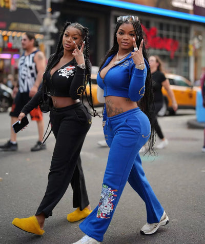 Street Skeleton Love Printed Basic Zipper Short Cardigan High Waist Straight Pants Two Piece Set for Women