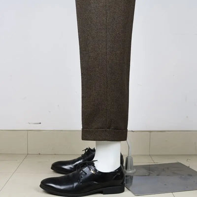 Slim Fit Men's Business Suit Pants Pleat-Front Herringbone Woolen Trousers For Men Dress Pants For Wedding Party Groomsman Suit