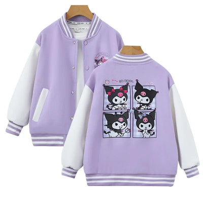 Kawaii Sanrio Kuromi Jackets For Girls Spring Autumn Teen Kids Cartoon Princess Cardigan Children's Baseball Uniform Sports Tops