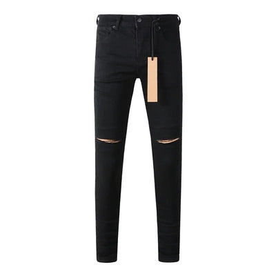 High Street Men's Jeans Low Rise Stretch Skinny Button Fly Ripped Hold Black Pants