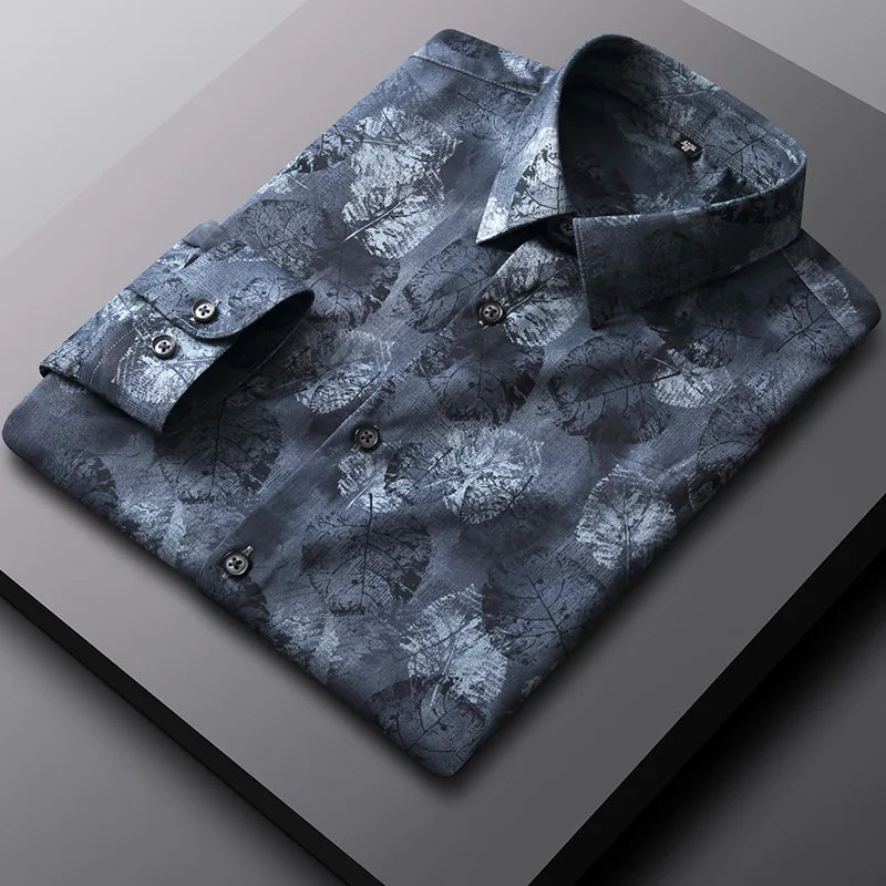 Spring and Autumn new bamboo fiber long sleeve shirt business slim shirt Men's clothing Men's long sleeve printed striped shirt