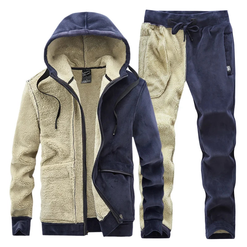 Cashmere Mens Fleece Warm Tracksuit Male Winter Warm Hooded Fashion Sets Mens Hoodies + Pants Sportswear Sets WinterThick Set